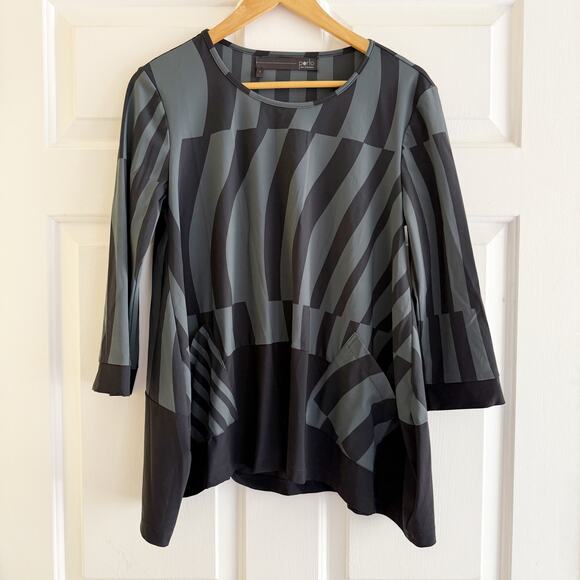 Porto San Francisco Black Tunic Top Nebula Mod Print Asymmetrical Lagenlook Sz 1 - Picture 1 of 6